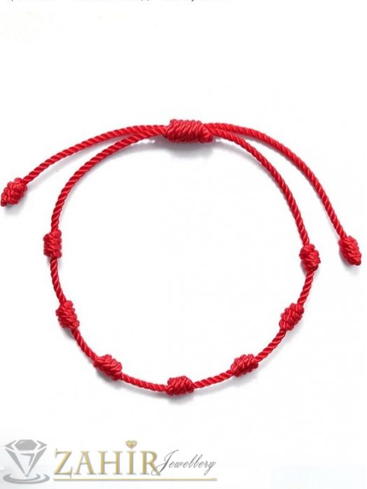 Дамски бижута - 1 бр. червена плетена гривна против уроки направени със 7 възела за защита, регулираща се дължина- GU1097